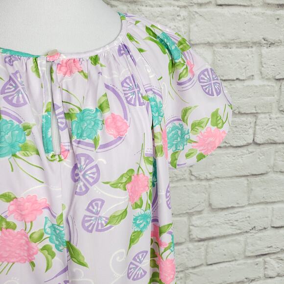 Vintage Purple Pink Tropical Floral Nightgown Nightie Kaftan Keyhole Neck OSFA - Picture 13 of 15